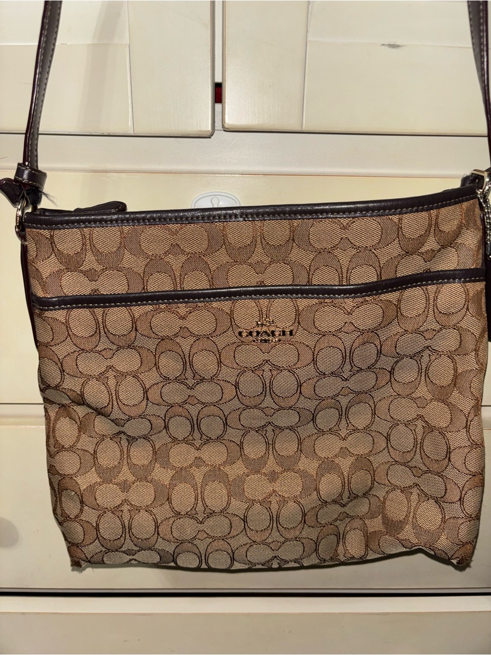 Coach Tan Signature Jacquard Crossbody Bag with Brown Trim